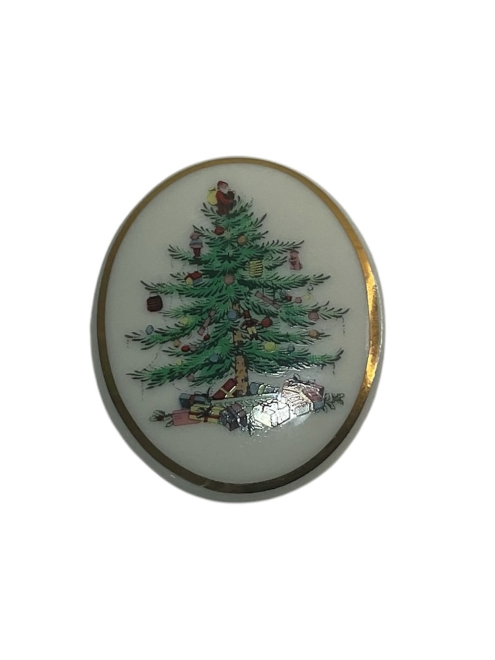 Spode Christmas Tree Porcelain Brooch Pin Gold Trim Holiday Jewelry Signed